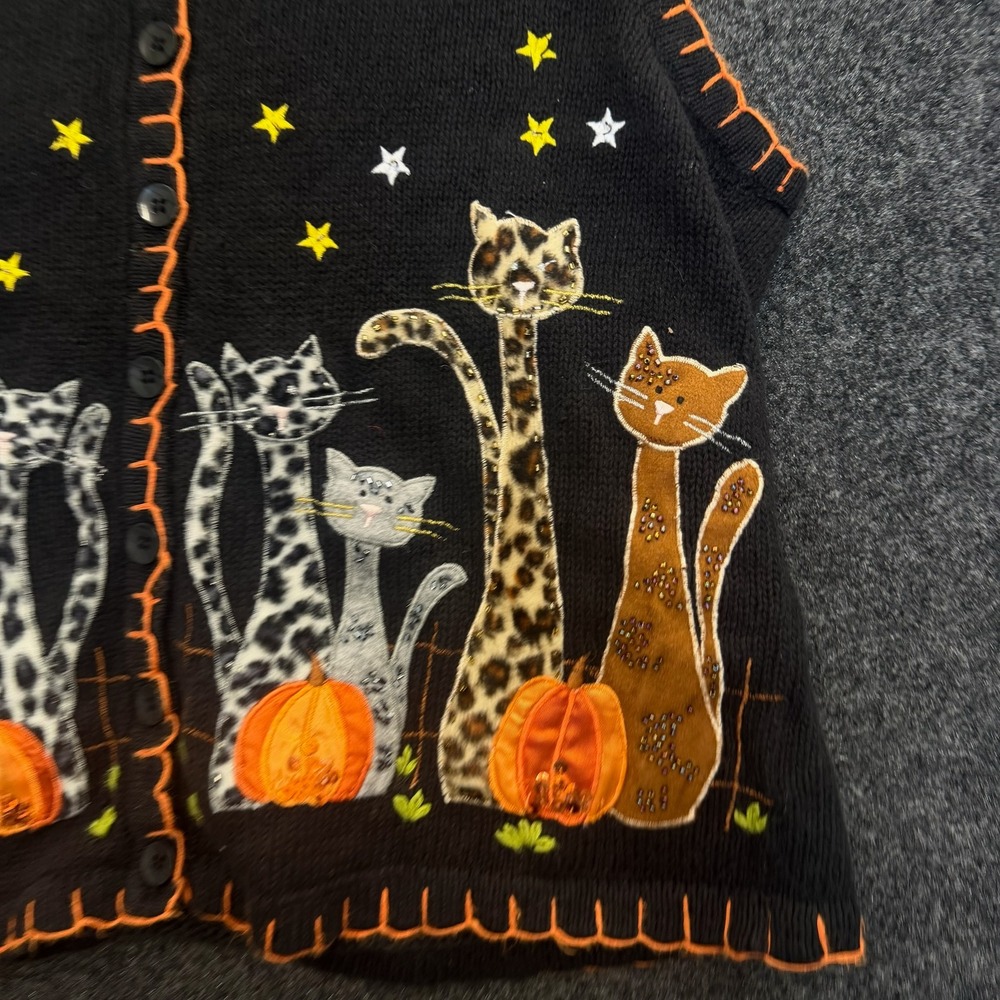 White Stag Vintage 90s Halloween Cat Pumpkin Moon Knit Sweater Vest Black Small - Picture 9 of 9